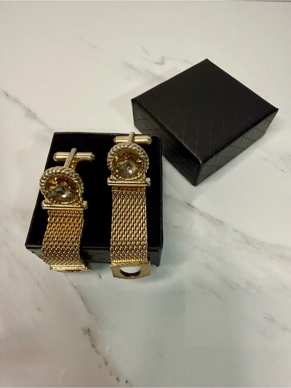 Gold Tone Mesh Cufflinks with Faceted Crystal Accent